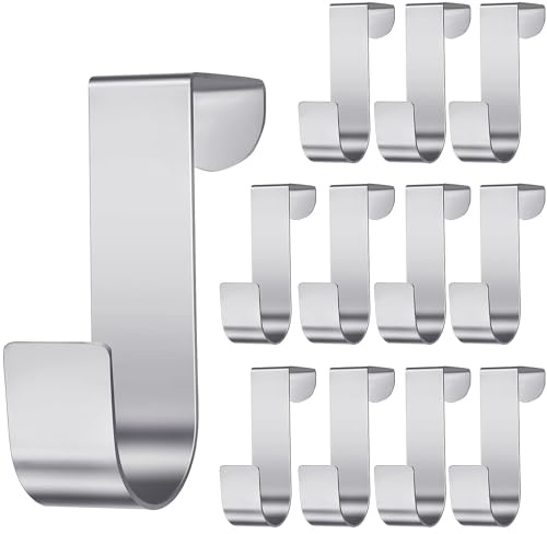 12 Pieces Over The Cabinet Door Hooks Organizer Holder Racks, Stainless Steel Over Door Back Bathroom Kitchen Organizer Rack Hanger Hook for Clothes Towels Scarves Keys Hats (Silver)