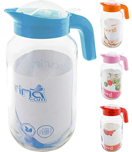 Set of 2 1.5 Litre Glass Jug - with Lid, Glass Water Jug, Transparent, Fridge Door, Beverage Glass Pitcher with Lid, Carry Handle | for Hot & Cold Water, Ice, Tea & Coffee