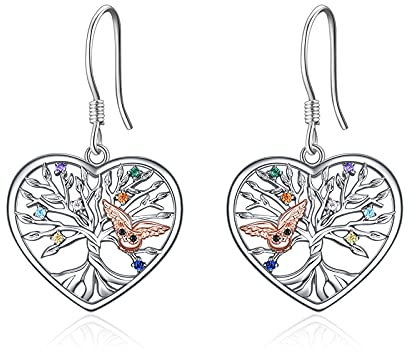 Boucles D'oreilles Goutte Arbre de Vie Boucles D'oreilles Pendantes Hibou Bijoux en Argent Sterling 925 Cadeau pour Femme Maman Mère Amis