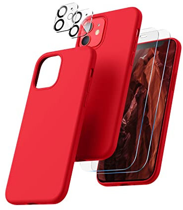 CALOOP 5 in 1 Designed for iPhone 12 Case and iPhone 12 Pro Case 6.1, with 2 Pack Screen Protector & 2 Pack Camera Lens Protector, Soft Liquid Silicone Gel Slim Shockproof Cover, Red