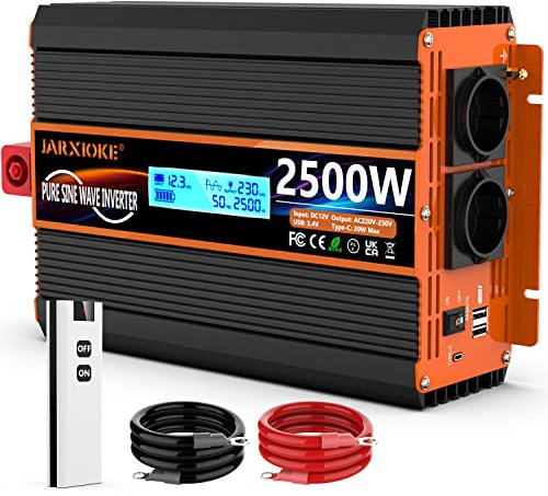 Convertisseur 12V 220V Pur Sinus 2500w/5000w Onduleur Transformateur Onde Sinusoïdale Pure avec Télécommande & écran LCD & 1 Prises EU & 2 Ports USB 3,4 A & Port de Type C pour RV Voiture de Camion