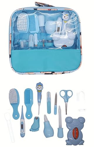 Trousse de Soin Bébé,13 pcs Accessoires de Soins Bébé Naissance,Kit de Soin Bébé Portable Santé Hygiène dont La Thermomètre Digital,Coupe-ongles,Ciseaux,Peigne pour Bébé,Brosse à doigts(Bleu-13pcs)