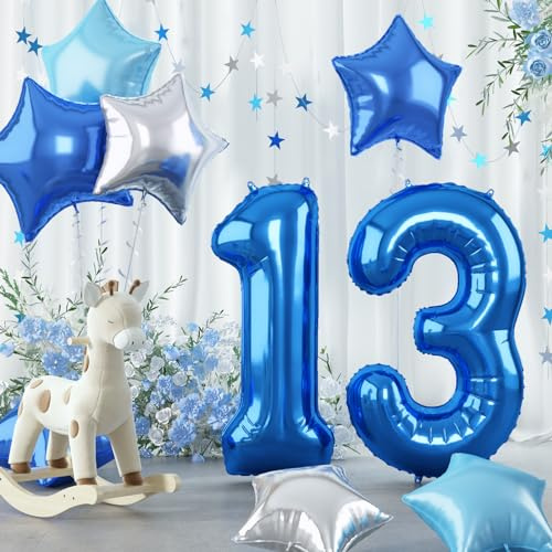 Luftballon 13. Geburtstag Deko für Jungen, 40'' Blau Dunkelblau Helium Zahl 13 Ballon, Riesen Folienballon Pastell Hellblau Silber Mylar Stern 13 Ballon für Geburtstagsdeko Babyparty Party Dekoration