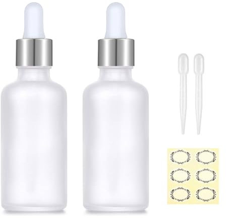 Apstaqeoo 2PCS 50ML Frosted Clear Glass Dropper Bottles - Empty Bottle with Pipette Refillable Sample Bottle Tincture Dropper Bottle Silver Cap for Essential Oil Aromatherapy Perfume Laboratory
