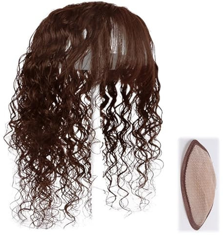 Echthaar-Topper für Frauen, gelockt, gewellt, 13 x 14 cm, Mittelteil, Seidenbasis, Clip-in-Haarteile oben mit Pony(Brown,Hair 40cm)