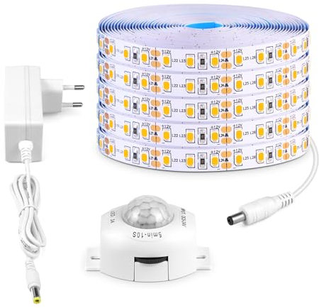 AIMENGTE LED Strip 5M Mit Bewegungsmelder, Warmweiß Bewegungsmelder Selbstklebend Licht Leiste, led streifen mit bewegungsmelder Für Schrank, Küche, Wohnzimmer, Schlafzimmer, Treppe