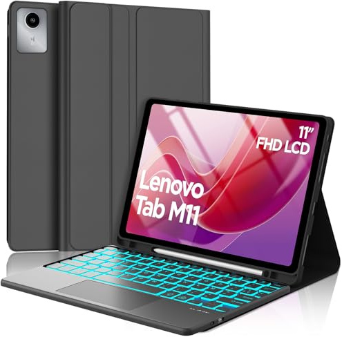 FOGARI Clavier pour Lenovo Tab M11 11 2024, AZERTY Français Pavé Tactile 7 Couleurs Rétro-éclairage Clavier Bluetooth sans Fil, Intelligent Housse pour Lenovo Tab M11 Tablette TB-330XU/330FU - Noir