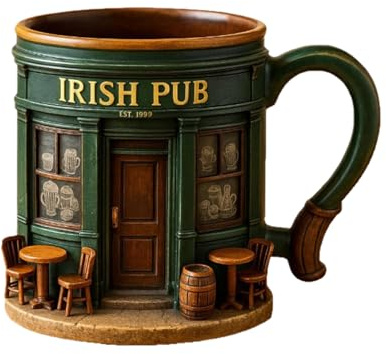 Pub Form Kaffeetasse 300 ml aus 3D-Kunststoff, isolierte Teetasse mit Innenfutter, erhabenes 3D-irische Pub-Motiv