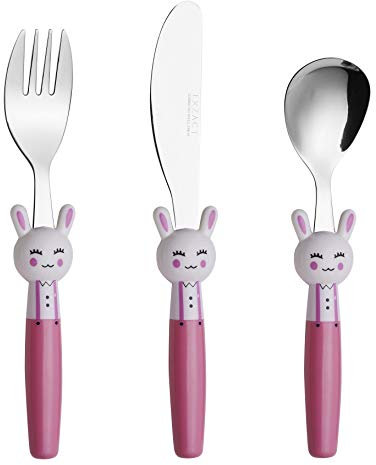 EXZACT Cubertería infantil 3 pieza para niños de Acero Inoxidable - 1 x cena cuchillo, 1 x cena tenedor, 1 x cena cuchara (Conejo x 3)