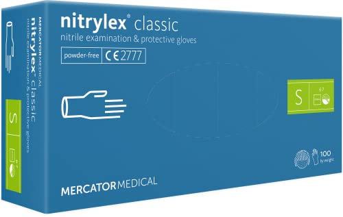 Nitrylex Classic Einweg-Nitrilhandschuhe, schützende Untersuchungshandschuhe, puderfrei, unsteril, Blau, Größe S (6-7), beidhändig tragbar, Mikro + strukturierte Fingerspitze, dispenser box 100 Stk