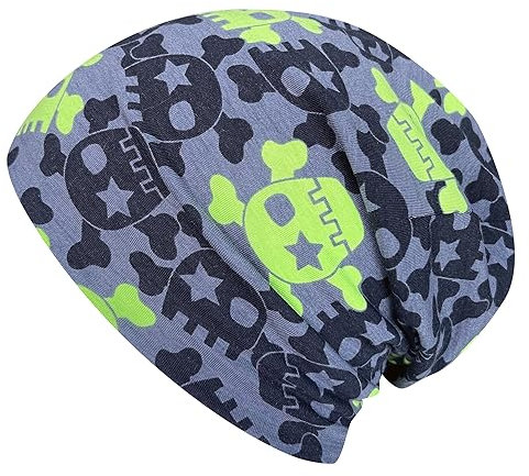 Wollhuhn ÖKO Long-Beanie, Wende-Mütze, ganzjährig, mit coolen Skulls in grau/grün für Jungen und Mädchen, 20141201, Größe L: KU 54/56 (darüber/Erwachsene)