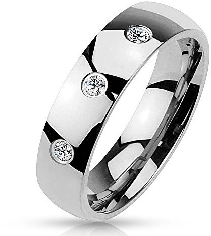Bungsa 60 (19.1) Ring Stein Damen mit 3 gefassten Kristallen Edelstahl hochglanzpoliert silber Herrenring (Fingerring Partnerringe Verlobungsringe Trauringe Damenring Edelstahlring Chirurgenstahl)