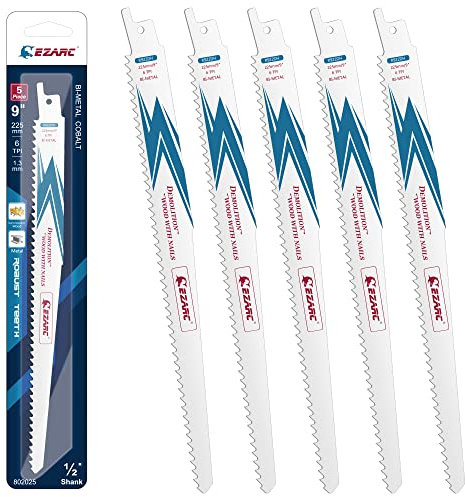 EZARC Reciprocating Saw Blade Bi-Metal Cobalt Sabre Saw Blades for Wood Demolition 225mm 6TPI R922DH (5-Pack)