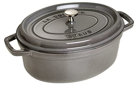 STAUB Gusseisen Bräter/Cocotte, Oval 37 cm, 8 L, Aromaregen Funktion für optimale Befeuchtung, Für alle Herdarten inkl. Induktion & Backofen, Graphitgrau