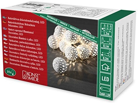Konstsmide LED Dekolichterkette, große weiße Metallbälle, 10 warm weiße Dioden, batteriebetrieben, Innen, transparentes Kabel, 3 x AA 1.5V (exkl.) - 3157-103
