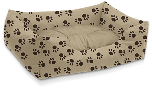 BedDog Hundebett Mimi, Hundesofa aus Cordura, Microfaser-Velours, waschbares Hundebett Vier-eckig mit Rand, Hundekissen für drinnen, draußen, M, beige mit Pfoten
