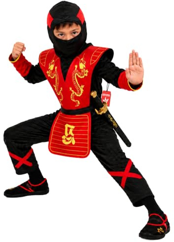 Morph Kids Röd Drak Ninjadräkt Pojkar, Ninjadräkt Barn med Kroppsskydd, Huva & Benband - Kampsport Kostym, M