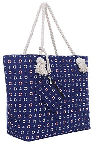DonDon Strandtasche XXL mit Reißverschluss - Umhängetasche Damen, Shopper Tasche Damen im Beach Look mit Schulterriemen - Urlaub Must Haves Beach bag - blau