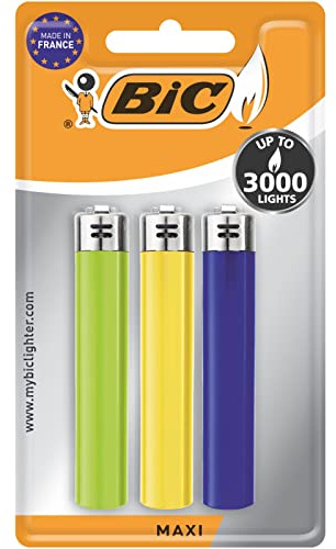 BIC Feuerzeug Reibrad Maxi J26, neutral, sortiert, 3er-Blister, 1er Pack (1 x 3 Stück)