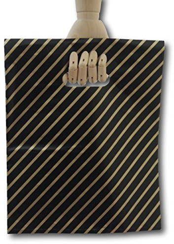 EPOSGEAR® 200 Medium Black and Gold Striped Gift Shop Boutique Punch Handle Plastic Carrier Bags 9 x 11 (225mm x 285mm)