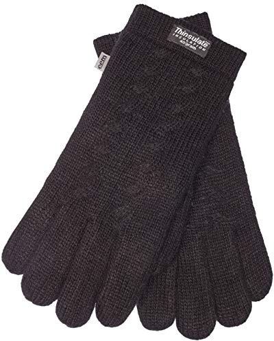 EEM Damen Strickhandschuhe, weiche Wolle, Thinsulate Thermofutter, Zopfmuster, schwarz S/M