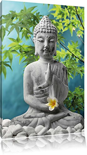 Pixxprint Buddha auf Steinen mit Monoi Blüte in der Hand, Größe: 80x60cm, Leinwandbild, fertig gespannt, Wandbild, Dekoration, Kunstdruck, kein Poster