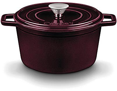 CASTEY - Cacerola Alta de Hierro, 16 cm, Color Burdeos, Cazo Indeformable, Resistente a las Altas Temperaturas, Tapadera con Sistema de Humidificación, Pomo de Acero Inoxidable
