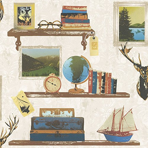 Rasch Study Book Shelf Gold Picture Frame Stag Damask Pattern Wallpaper 228304
