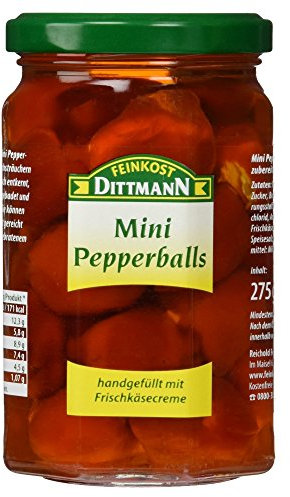 Feinkost Dittmann Mini Pepperballs gefüllt mit Frischkäse – 275g Glas, 1er Pack – Würzige Mini-Paprika gefüllt mit cremigem Frischkäse – Ideal für Antipasti, Salate und Snacks