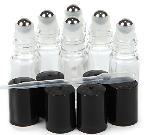 Vivaplex 6 count, clear, mini (approximately 4 ml, 1/8 fl. Oz) glass roll-on bottles with stainless steel roller balls - 0.5 ml dropper included
