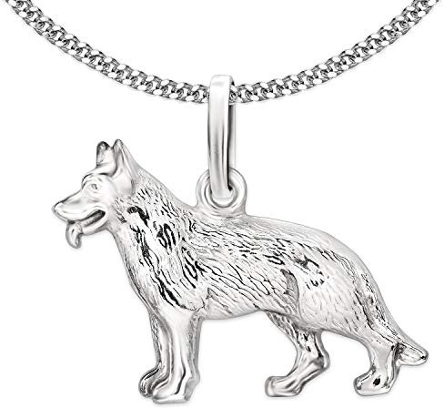 CLEVER SCHMUCK Set Silberner Damen Anhänger Schäferhund beidseitig figürlich Fell detailliert & Kette Panzer 45 cm Sterling Silber 925 im Etui weiß