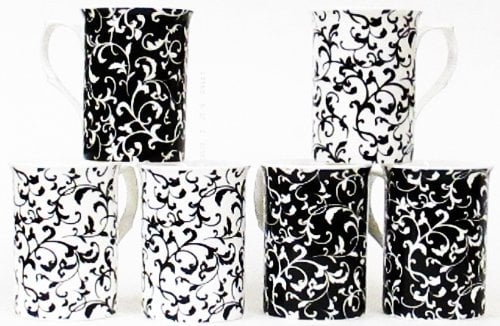 fromeuropewithlove Venetian Black and White Fine Bone China Mugs Set of 6 Swirl & Leaves Hand Decorated in UK FREE UK Delivery