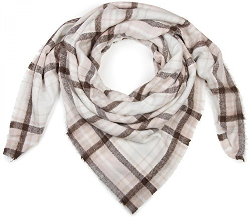 styleBREAKER quadratischer XXL Schal, großer Deckenschal mit Tartan Plaid Karo Muster und Fransen, Unisex 01018137, Farbe:Weiß-Rose-Dunkelbraun