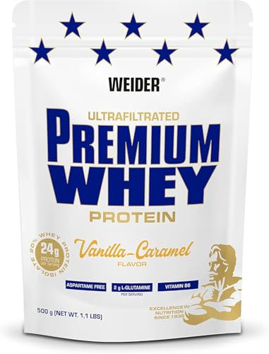 Weider Premium Whey Protein Pulver - Hoher Proteingehalt, wenig Kohlenhydrate & wenig Fett mit L-Glutamin und Vitamin B6-500g - Vanilla-Karamell