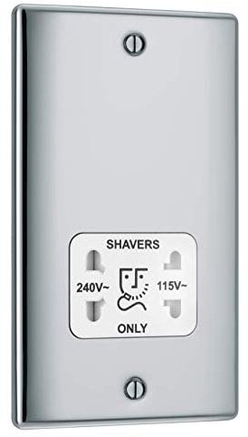 BG Electrical Dual Voltage Shaver Plug Socket, Electric Toothbrush Charger Socket, Bathroom, Raised and Slim Profile, Round Edges, Nexus Metal, 2-Pin, Polished Chrome,115V / 240V, NPC20W