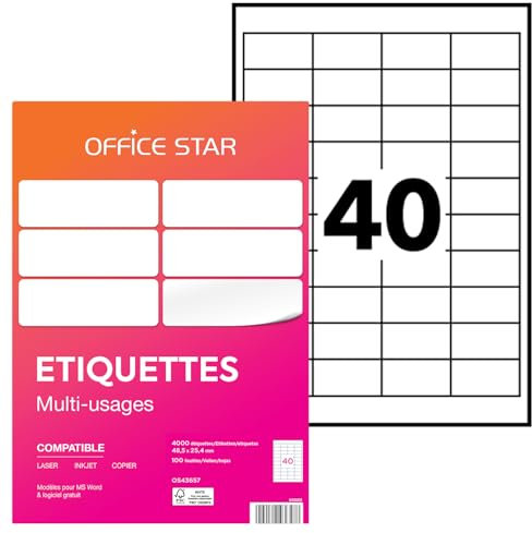 OFFICE STAR - 4000 Étiquettes Autocollantes Multi-Usages Blanches Personnalisables Imprimables - Format 48,5 x 25,4 mm - Impression Laset Jet d'Encre et Copieur