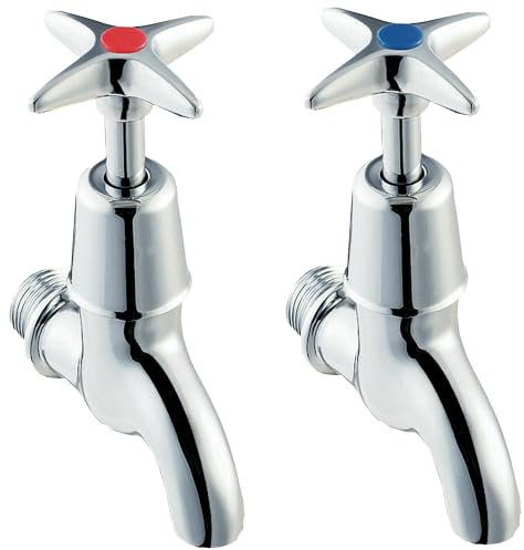 Deva 095X Cross Handle Chrome Bib Taps Wall Mounted Set Hot & Cold Pair Kitchen Belfast Basin Utility Room School Space Saving Silver Dual Tap Sink Faucet – 12 Year Warranty