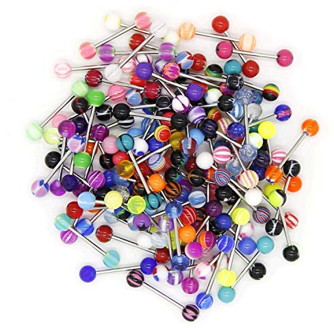 CrazyPiercing 110Pcs Wholesale 14g Tongue Ring Barbells Stainless Steel Bar Tongue Rings Assorted Colors for Women Man
