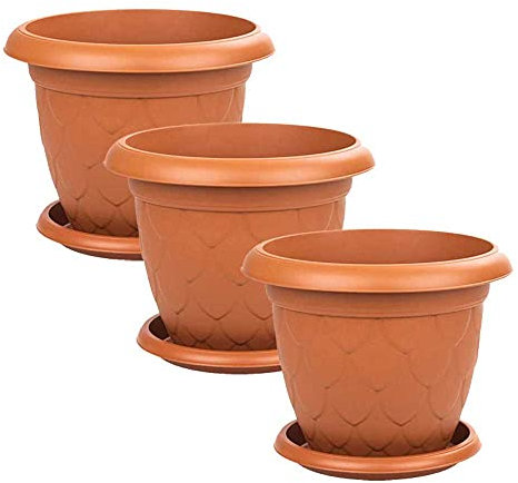 Maceta Redonda 26,5 cm diámetro, Set 3 Unidades, Maceta con Plato, 5 litros, Macetero Plástico