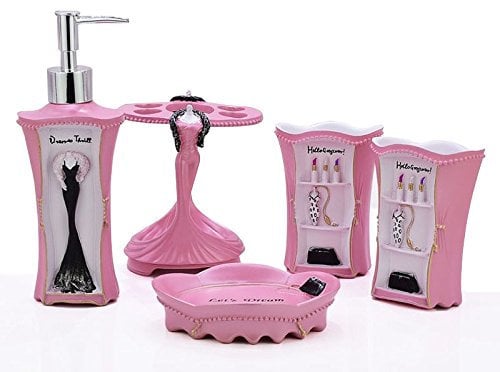 LUANT 5 Piece Bathroom Accessories Set, Collection Bath Set Features Soap Dispenser, Toothbrush Holder, Tumbler, & Soap Dish (Pink)