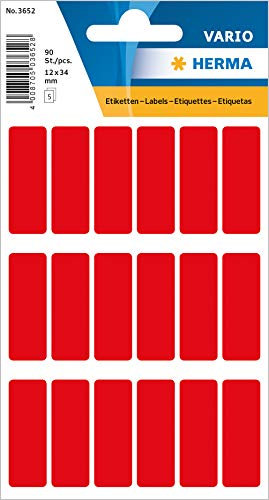 HERMA 3652 Vielzweck-Etiketten, 90 Stück, 12 x 34 mm, 18 pro Bogen, selbstklebend, Haushaltsetiketten zum Beschriften für Kalender Planer Basteln, matt, blanko Papier Klebeetiketten Aufkleber, rot