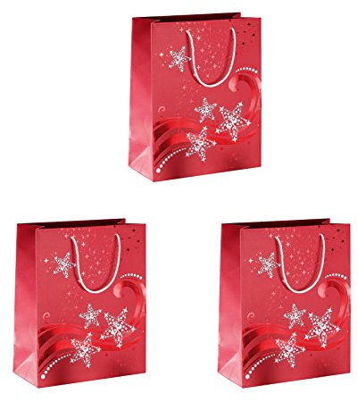 SIGEL GT108 mittelgroße Premium Papier- Geschenktüten 23 x 17,5 cm | 3er Set | mit Rot- und Weißprägung | für Weihnachten | Wave