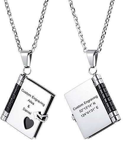 MeMeDIY Personalisierte Buch Anhänger Halskette Angepasst Gravur Name Datum für Damen Männer Mädchen Junge Bester Freund Edelstahl Kette Liebhaber Jubiläum Brautjungfer Geschenk(Schwarze Farbe)