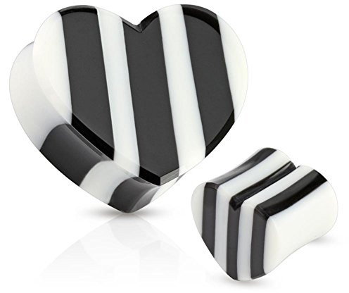 Tapsi´s Coolbodyart® Double Flared Plug Büffel Horn Knochen Herz Schwarz Weiß gestreift 12mm