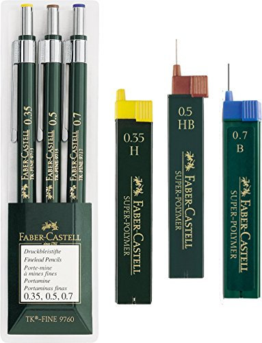 Faber-Castell 136030-3er Set Druckbleistifte TK-FINE 9760, Minenstärken: 0,35 mm; 0,5 mm + 0,7 mm, Schaftfarbe: grün | Eco Bundle mit Ersatzminen 0.35 H 0.5 HB 0.7 B