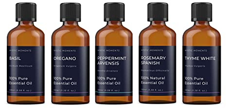 Mystic Moments | Herb Essential Oil Starter Pack | 5x100ml | Five essential oils: Basil, Oregano, Peppermint Arvensis, Rosemary and Thyme White for diffusers, burners and DIY blends.