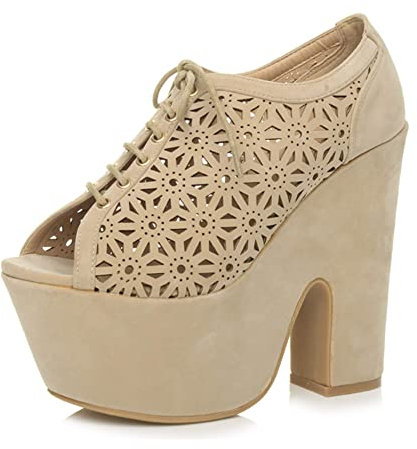 AJVANI Extreme high Platform Block Heel lace up Cut Out Shoes Size 6 39 Nude Beige