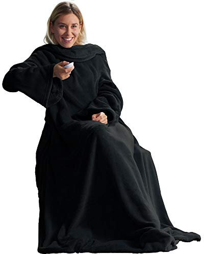 CelinaTex TV-Decke mit Ärmeln und Fußtasche Flauschige Kuscheldecke XL 170 x 200 cm schwarz Mikrofaser Fleece Soft Oeko-TEX