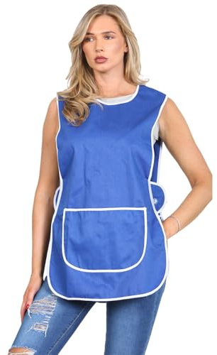 MyShoeStore Ladies Womens Tabard Home Work Kitchen Cleaning Chef Catering Cleaners Workwear Overall Piping Edge Tabbard Apron With Large Pocket Side Button Fastening Plus Big Size (Royal Blue, XOS)