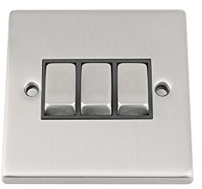 Triple Light Switch 3 Gang - Satin Matt Chrome - Square - Black - Metal Rocker Switch - 3 Gang 2 Way 10 Amp